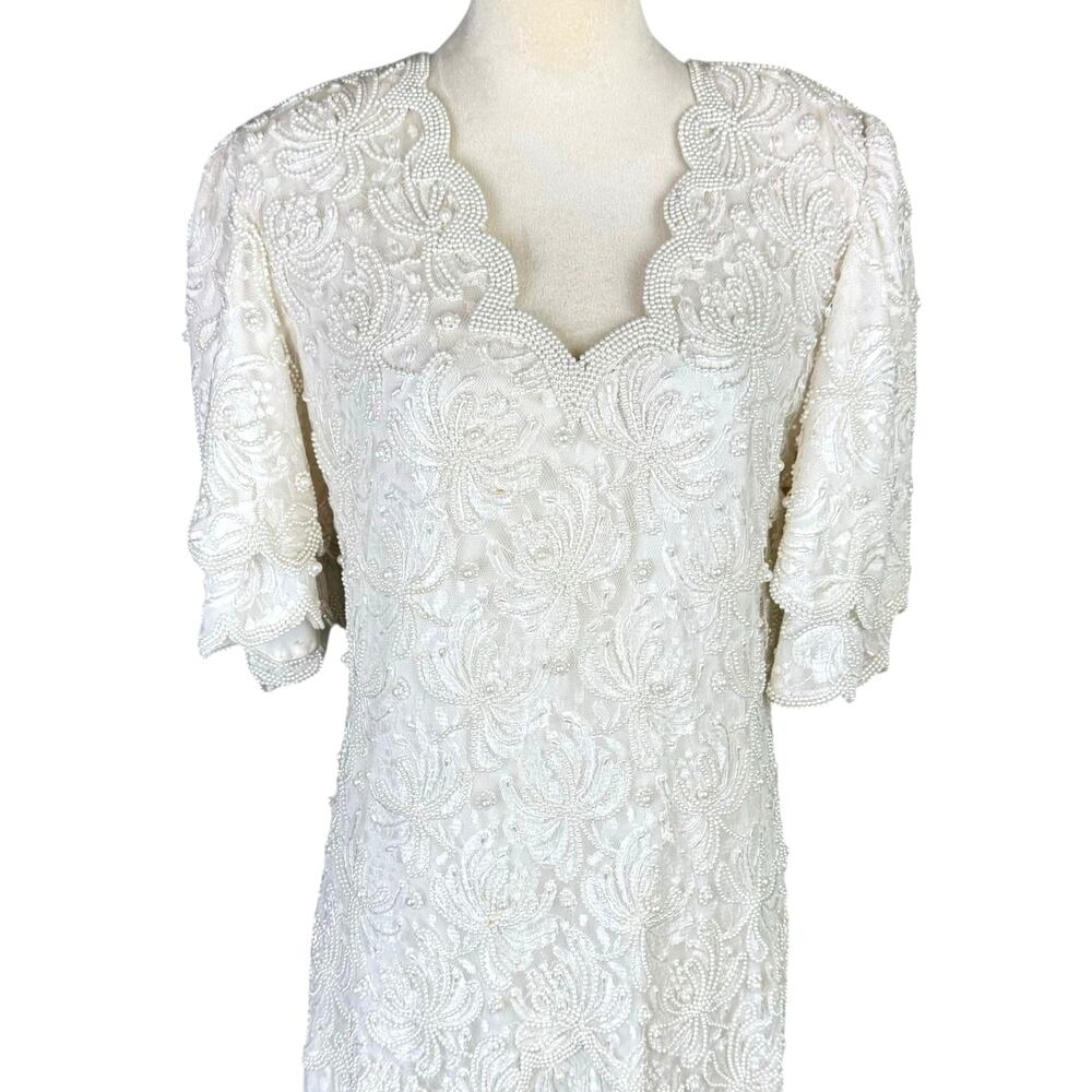 Vintage Laurence Kazar Full Length Pearl Beaded Lacy V Neck Wedding Dress